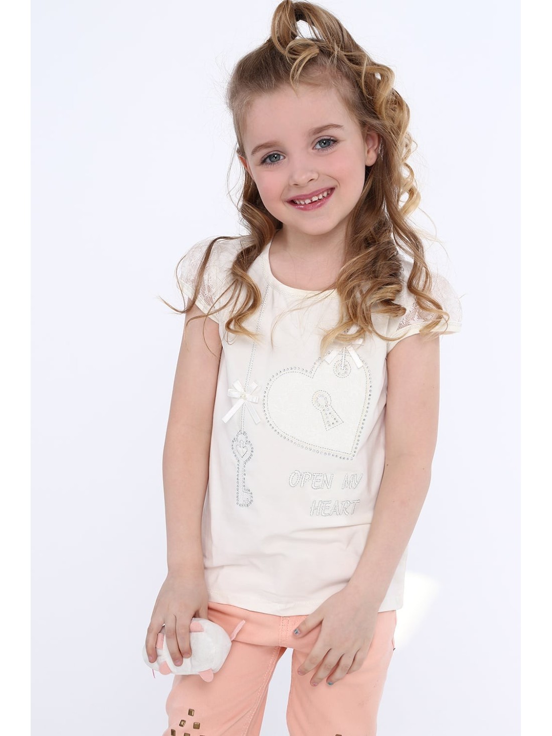 T-shirt with lace sleeves, cream, NDZ8147 - Online store - Boutique